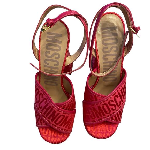 MOSCHINO Logo Jacquard Platform Sandals Canvas Party Statement Evening Sexy Sz 7 - Picture 5 of 13
